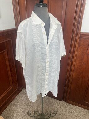 Banana Republic White Linen Short-Sleeve Embroidered Button-Down Shirt